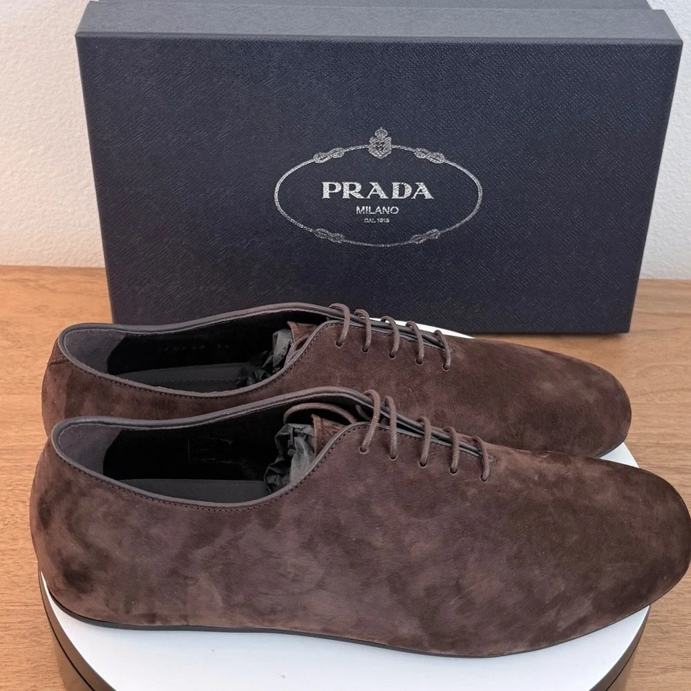 Prada Mens Vit.Scamosciato Suede Oxford Shoes Moro Brown 2EG448 Size 10.5